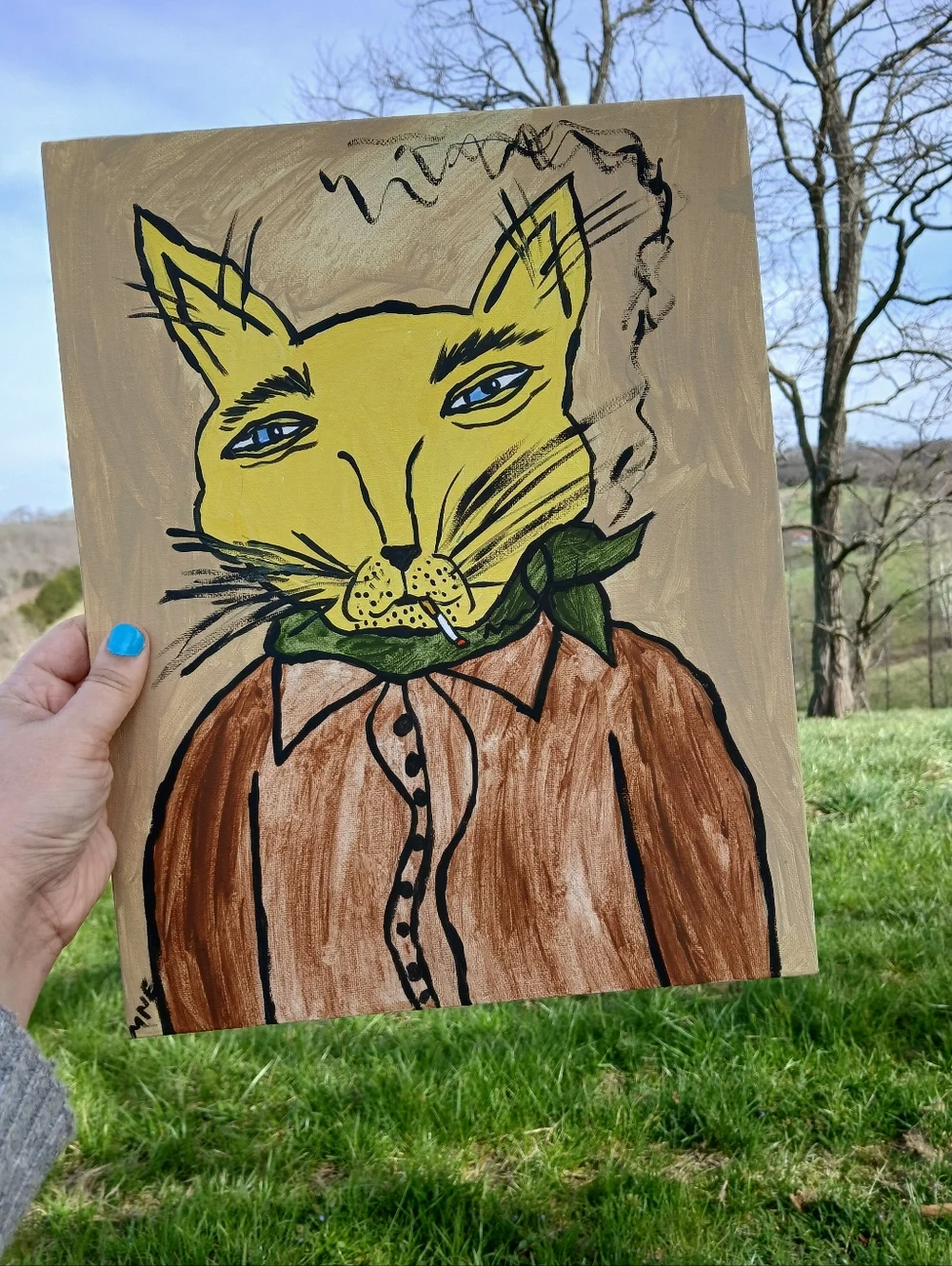 Smoking Cat Painting Folk Art - Picture 1 of 10
